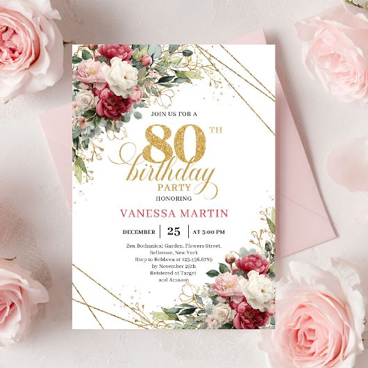 Red blush roses chic gold accent card 80th birthda 招待状