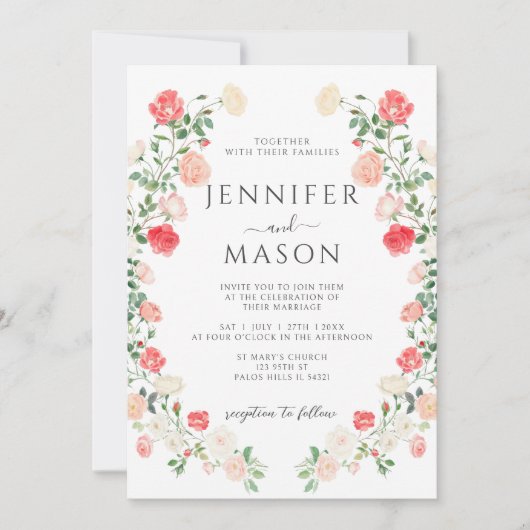Red Blush Roses Spring Summer Garden Wedding 招待状 (正面)