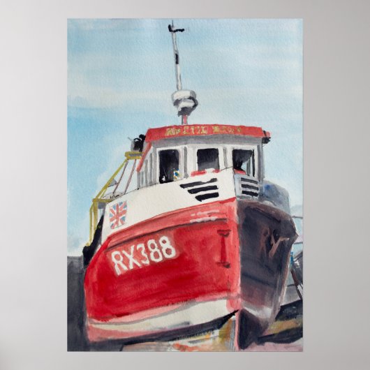 Red Boat Coastal Watercolor ポスター (正面)