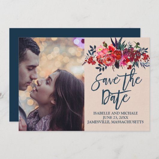 Red Bohoフローラ写真Save the Date Card セーブザデート (正面/裏面)