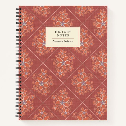 Red Boho Chic Linen Textured Floral College Custom ノートブック (正面)