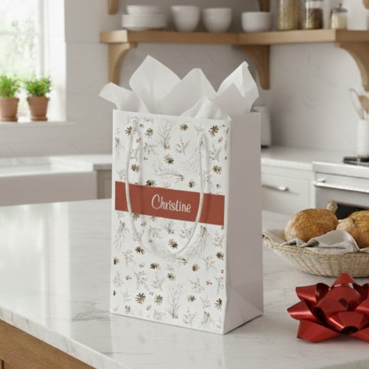 Red Boho Woodland Winterberry Monogram スモールペーパーバッグ