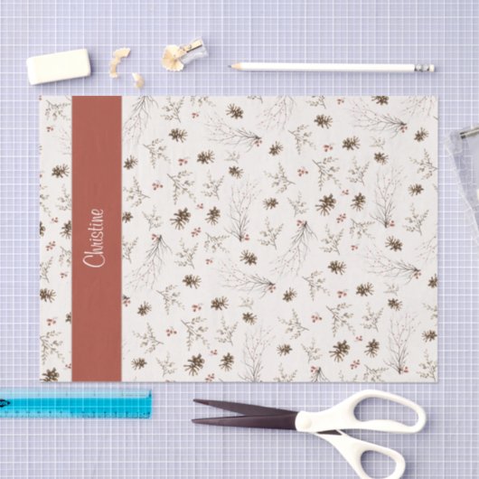 Red Boho Woodland Winterberry Monogram 薄葉紙 (クラフト)