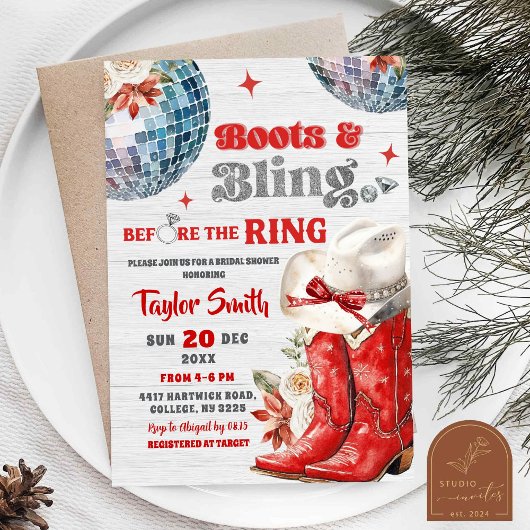 Red Boots and Bling Disco Christmas Bridal Shower 招待状