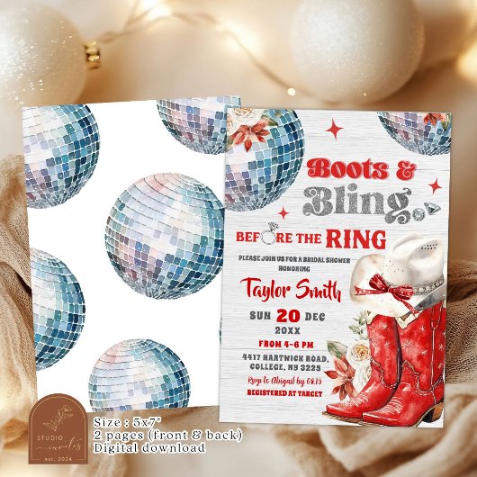 Red Boots and Bling Disco Christmas Bridal Shower 招待状