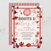 Red Boots and Bling Skin Cowgirl Western Birthday  招待状 (正面/裏面)