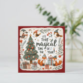 Red border Cute Christmas forest robins and foxes  シーズンカード (スタンド正面)