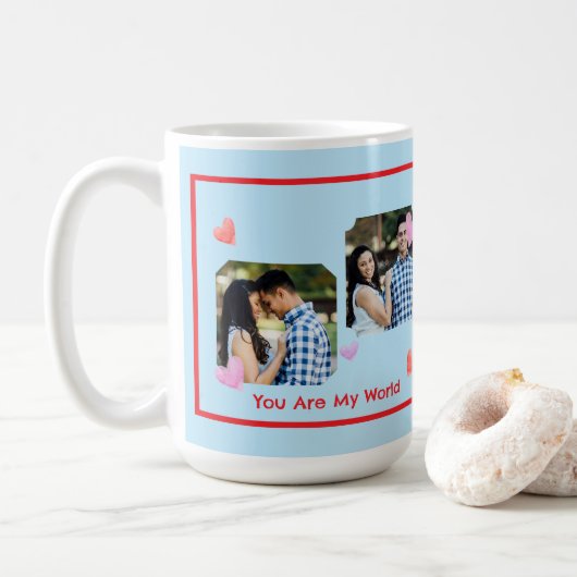 Red Border PHOTO Blue Valentine's Day NAME コーヒーマグカップ (ドーナツ)