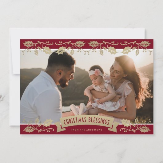 Red Botanical Photo Christmas Blessings Christian シーズンカード (正面)