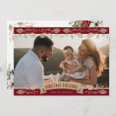 Red Botanical Photo Christmas Blessings Christian シーズンカード (正面/裏面)