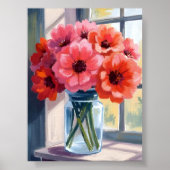 Red Bouquet Flowers Vase Watercolor Painting ポスター (正面)
