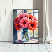 Red Bouquet Flowers Vase Watercolor Painting ポスター