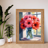 Red Bouquet Flowers Vase Watercolor Painting ポスター