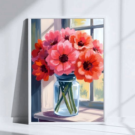 Red Bouquet Flowers Vase Watercolor Painting ポスター