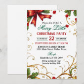 Red Bow and Ornate Gold Border Christmas Party 招待状 (正面/裏面)