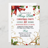 Red Bow and Ornate Gold Border Christmas Party 招待状 (正面/裏面)