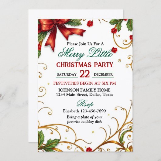 Red Bow and Ornate Gold Border Christmas Party 招待状 (正面/裏面)