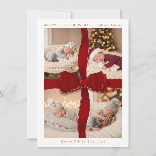 Red Bow Baby’s First Christmas Four Photo Card 招待状 (正面)