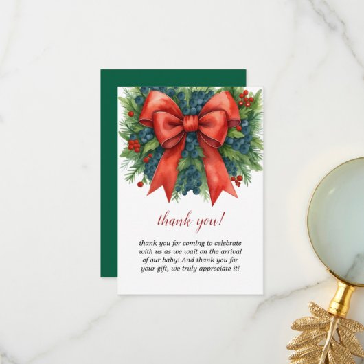 Red Bow Baby Shower Christmas Brunch サンキューカード (正面/裏面インサイチュ)
