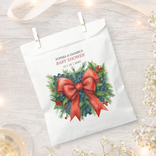 Red Bow Baby Shower Christmas Brunch フェイバーバッグ (クリップ留めされた状態)