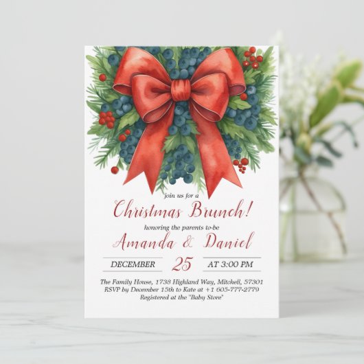 Red Bow Baby Shower Christmas Brunch 招待状 (スタンド正面)