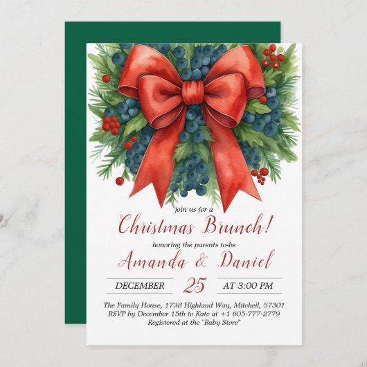 Red Bow Baby Shower Christmas Brunch 招待状 (正面/裏面)