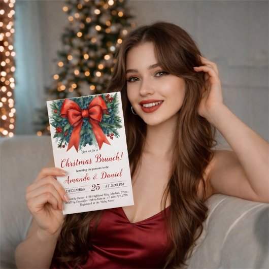 Red Bow Baby Shower Christmas Brunch 招待状