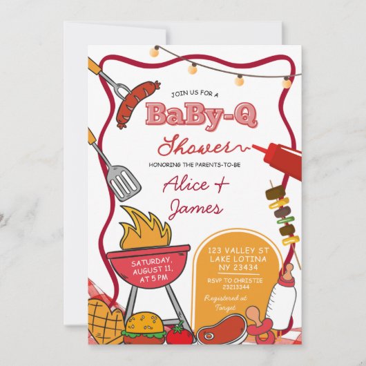 Red Bow Backyard BabyQ Baby Shower 招待状 (正面)
