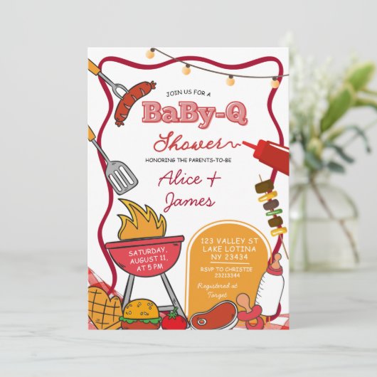 Red Bow Backyard BabyQ Baby Shower 招待状 (スタンド正面)