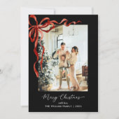 Red Bow Black Merry Christmas Photo シーズンカード (正面)