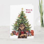 Red Bow Black Tan Cocker Spaniel Christmas Tree シーズンカード (正面)