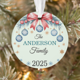 Red Bow Blue Ornaments Family Name 2025 Christmas オーナメント