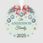 Red Bow Blue Ornaments Family Name 2025 Christmas オーナメント (裏面)