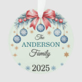 Red Bow Blue Ornaments Family Name 2025 Christmas オーナメント (正面)