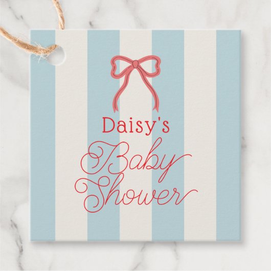 Red Bow & Blue Stripes Baby Shower フェイバータグ (正面)