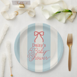 Red Bow & Blue Stripes Baby Shower ペーパープレート