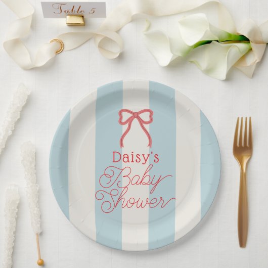 Red Bow & Blue Stripes Baby Shower ペーパープレート (ウェディング)