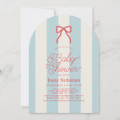 Red Bow & Blue Stripes Baby Shower 招待状 (正面)