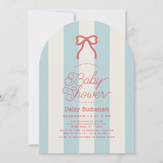 Red Bow & Blue Stripes Baby Shower 招待状 (正面)