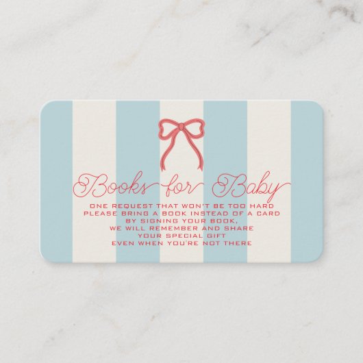 Red Bow & Blue Stripes Baby Shower Book Request エンクロージャーカード (正面)