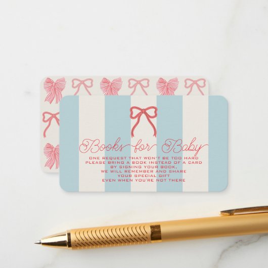 Red Bow & Blue Stripes Baby Shower Book Request エンクロージャーカード (正面/裏面インサイチュ)