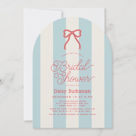 Red Bow & Blue Stripes Bridal Shower 招待状 (正面)