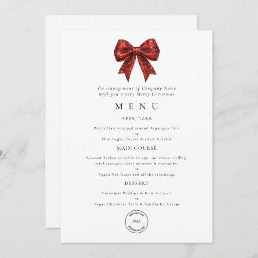 Red Bow Business Logo Christmas Party Menu Card 招待状 (正面/裏面)