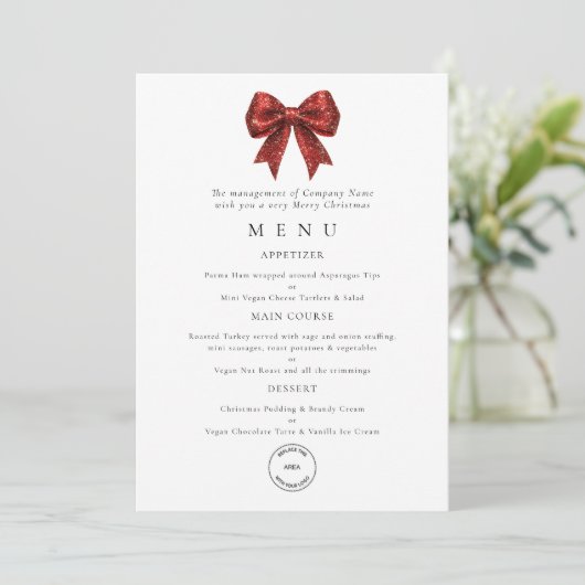 Red Bow Business Logo Christmas Party Menu Card 招待状 (スタンド正面)