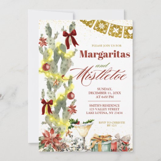 Red bow Cactus Christmas Margaritas and Mistletoe 招待状 (正面)