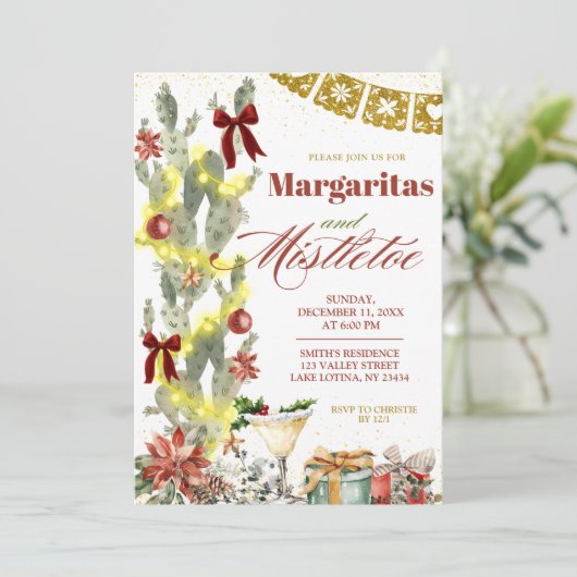 Red bow Cactus Christmas Margaritas and Mistletoe 招待状 (スタンド正面)
