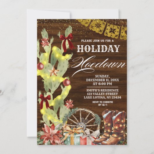 Red Bow Cactus Wild West Holiday Hoedown 招待状 (正面)