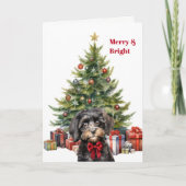 Red Bow Cavapoo Dog Christmas Tree Card シーズンカード (正面)
