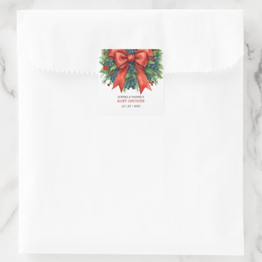 Red Bow Christmas Baby Shower スクエアシール (バッグ)