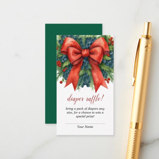 Red Bow Christmas Baby Shower Diaper Raffle エンクロージャーカード (正面/裏面インサイチュ)